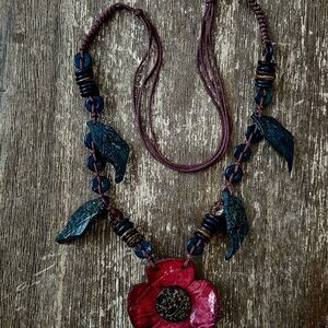 Nature-inspired Artisan Crafted Crimson Poppy Floral Pendant Adjustable Cord